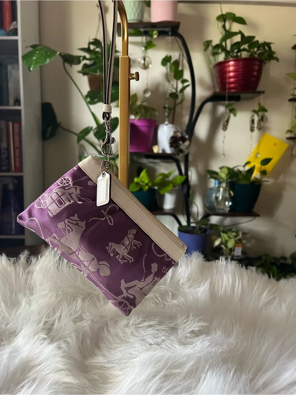 Coach Purple Canvas Wristlet with Cream Trim